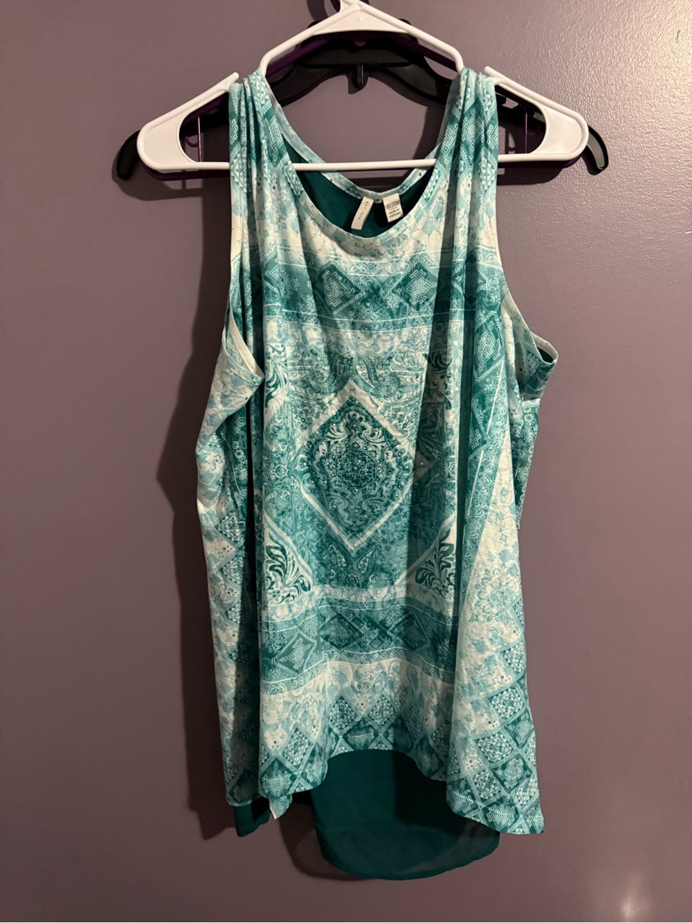 Cato Teal and White Printed Scoop Neck Tank